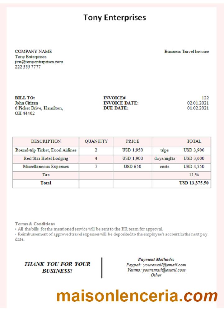 USA Tony Enterprises faktura słowo i PDF szablon